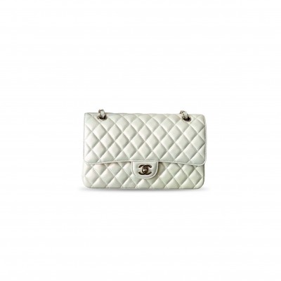 CHANEL IRIDESCENT CALFSKIN QUILTED MEDIUM DOUBLE FLAP WHITE (25*15*7cm) 